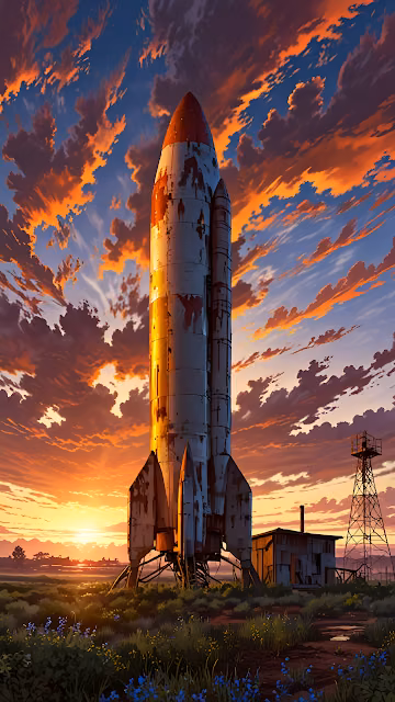 Abandoned Rocket Launcher Sunset Retro Sci Fi Art - Free 4K & 8K Mobile Wallpaper