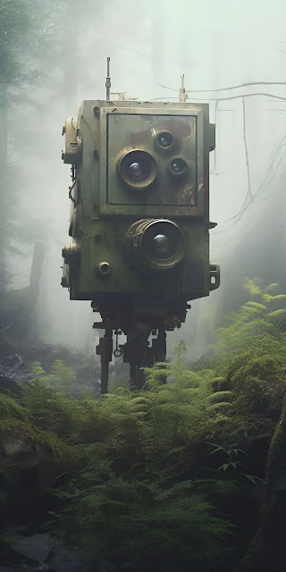 Abandoned Sci-Fi Surveillance Mech in Foggy Mossy Forest - Free 4K & 8K Mobile Wallpaper