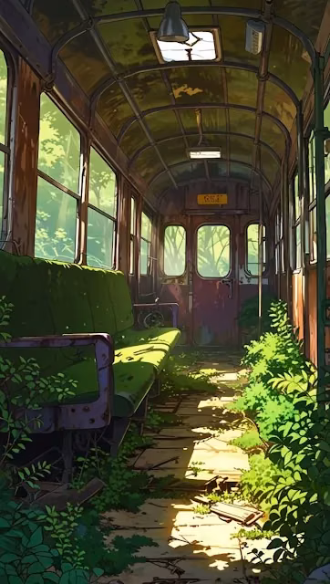 Abandoned Train Car Overgrown Anime Style Art - Free 4K & 8K Mobile Wallpaper