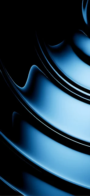 Abstract cobalt blue metallic curved waves flow over a dark reflective surface. Abstract fluid cobalt blue metallic ribbons and curved waves against a black background.