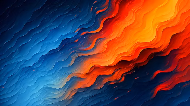 Abstract textured diagonal waves transitioning from deep blue to bright orange and red hues.