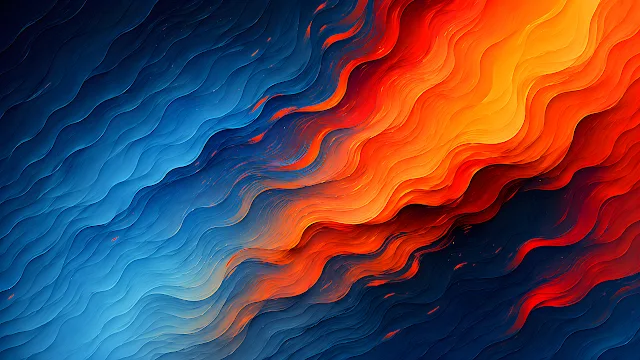 Abstract diagonal wave texture flowing with high-contrast gradient transitions from deep blue to vibrant orange. Abstract textured diagonal waves transitioning from deep blue to bright orange and red hues.