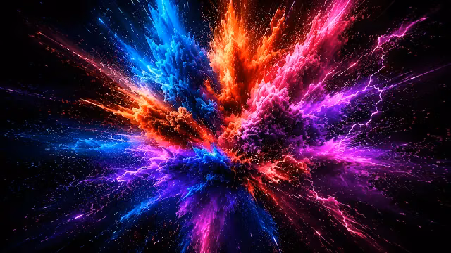 Colorful powder explosion featuring neon blue, orange, and purple hues with lightning on a black backdrop. Explosion of bright blue, orange, and magenta powder with electric lightning sparks on a black background.