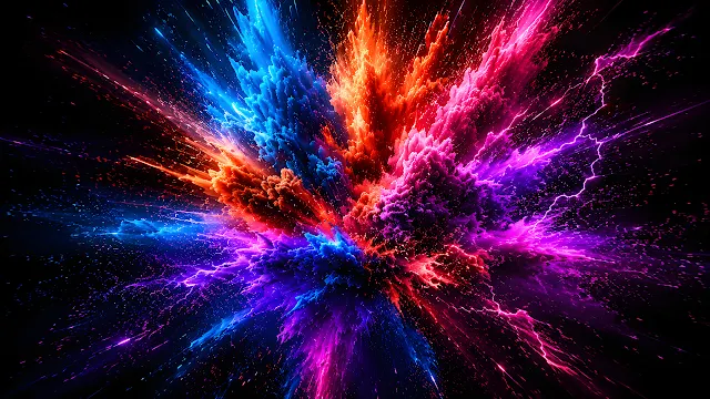 Colorful powder explosion featuring neon blue, orange, and purple hues with lightning on a black backdrop. Explosion of bright blue, orange, and magenta powder with electric lightning sparks on a black background.