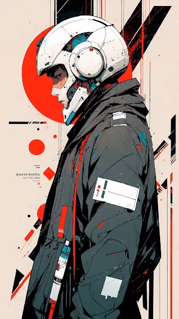 Abstract Cyberpunk Character in White Helmet and Red Accents - Free 4K & 8K Mobile Wallpaper