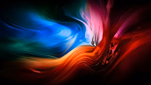Abstract fluid swirl of electric blue, vibrant orange, and crimson paint waves blending together.