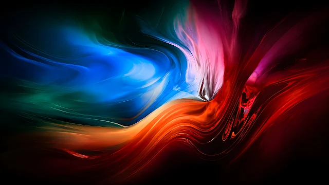 Liquid paint pigments in electric blue, orange, and crimson swirl into fluid waves. Abstract fluid swirl of electric blue, vibrant orange, and crimson paint waves blending together.