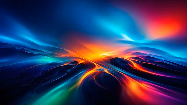 Abstract luminous fluid waves swirl with vivid orange, cyan, and magenta gradients. Abstract flowing waves of bright orange, cyan, and pink liquid light across a dark surface.