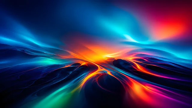 Abstract luminous fluid waves swirl with vivid orange, cyan, and magenta gradients. Abstract flowing waves of bright orange, cyan, and pink liquid light across a dark surface.