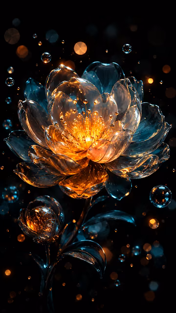 Abstract Glowing Glass Flower and Floating Liquid Droplets Wallpaper - Free 4K & 8K Mobile Wallpaper
