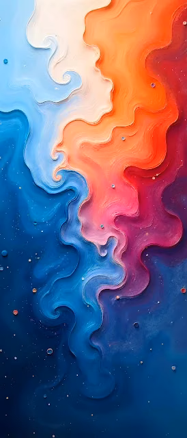 Curving blue, orange, and purple paint textures form a layered abstract relief. Close-up of sculpted blue, orange, and pink paint waves with fine droplet textures.