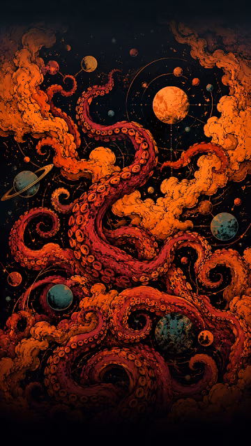 Abstract Retro Illustration of Swirling Colorful Sea Tentacles - Free 4K & 8K Mobile Wallpaper
