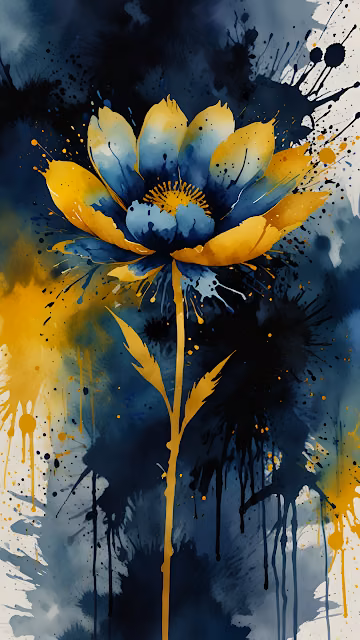 Abstract Watercolor Flower Splatter Art Blue Yellow - Free 4K & 8K Mobile Wallpaper
