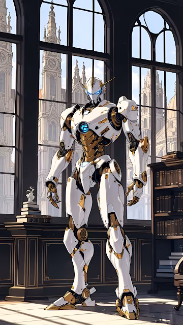 Academic Mecha Sentinel in Gothic Library Windows - Free 4K & 8K Mobile Wallpaper