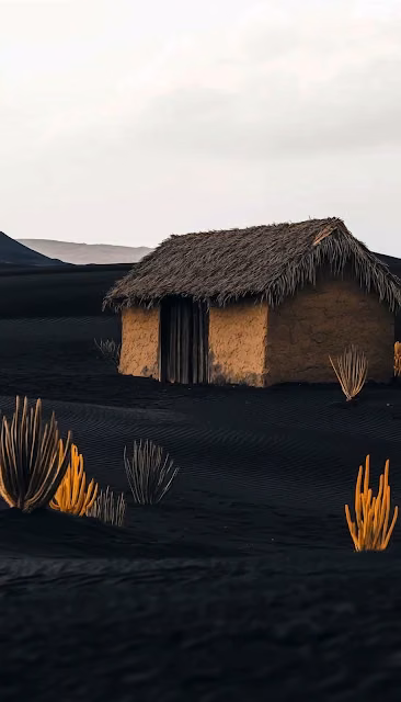 Adobe Hut on Black Volcanic Sand Dunes with Yellow Plants - Free 4K & 8K Mobile Wallpaper
