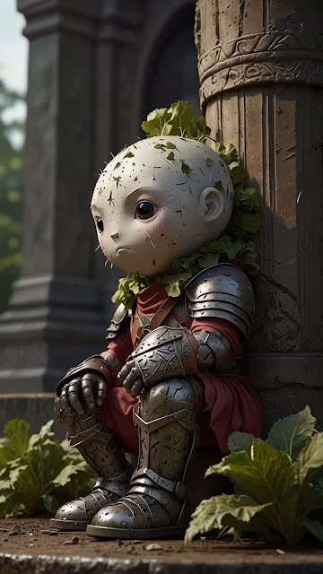 Adorable Root Creature Knight in Detailed Medieval Armor - Free 4K & 8K Mobile Wallpaper