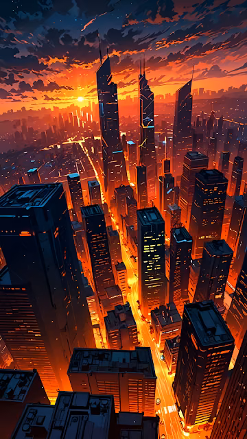 Aerial Cyberpunk City Sunset Orange Glow Skyscraper View - Free 4K & 8K Mobile Wallpaper