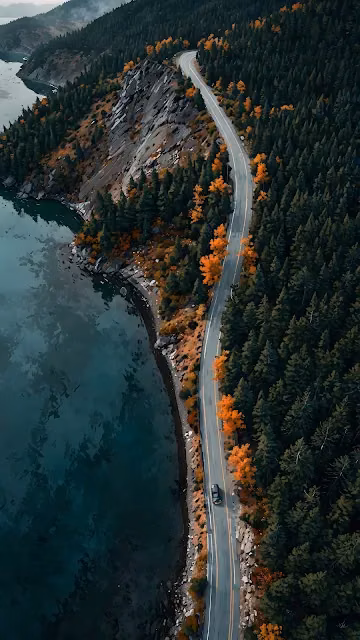Aerial Forest Road Autumn Drive, Mountain Lake Landscape - Free 4K & 8K Mobile Wallpaper
