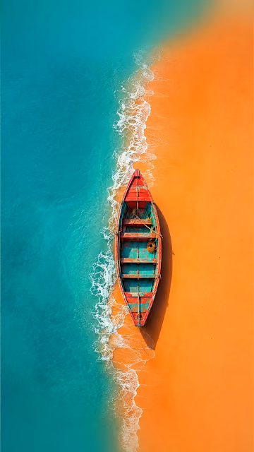 Aerial Overhead Red Boat on Teal Sea Orange Beach - Free 4K & 8K Mobile Wallpaper