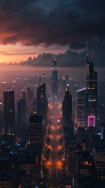 Aerial view of city skyline at dusk under dramatic cloudy sky - Free 4K & 8K Mobile Wallpaper