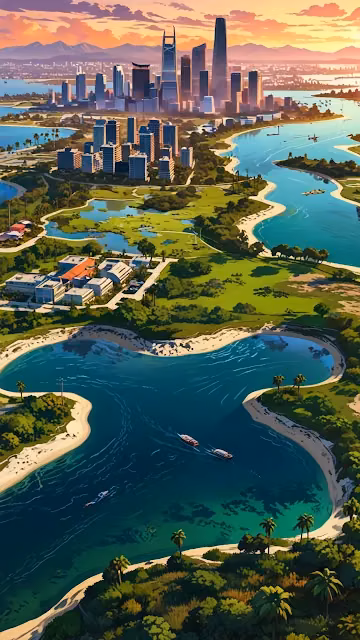 Aerial view of coastal city with winding river at sunset - Free 4K & 8K Mobile Wallpaper