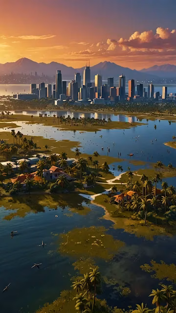 Aerial view of coastal city with palm islands at golden sunset - Free 4K & 8K Mobile Wallpaper