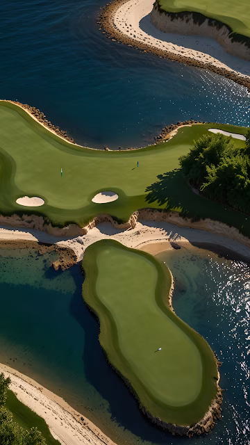 Aerial View Luxury Golf Course Island Green Water Landscape - Free 4K & 8K Mobile Wallpaper