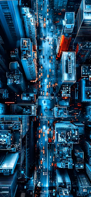 Aerial View of Neon City Streets at Night with Traffic - Free 4K & 8K Mobile Wallpaper