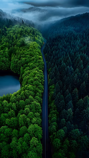 Aerial View Road Dividing Vibrant and Dark Evergreen Forest - Free 4K & 8K Mobile Wallpaper