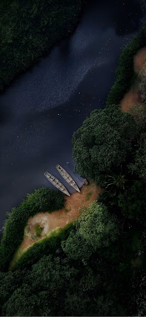 Aerial View of Two Canoes Docked on Dark Jungle Riverbank - Free 4K & 8K Mobile Wallpaper
