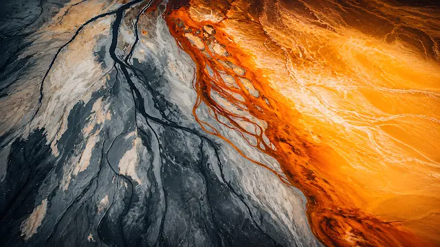 Aerial view shows orange mineral runoff flowing across dark volcanic riverbed terrain. Top-down view of vibrant orange mineral water flowing through dark volcanic sediment.