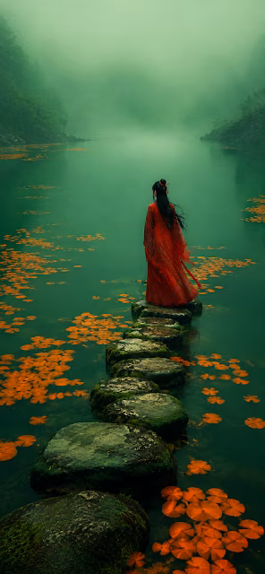 Aesthetic Girl Standing on Stepping Stones in Emerald Green Pond - Free 4K & 8K Mobile Wallpaper