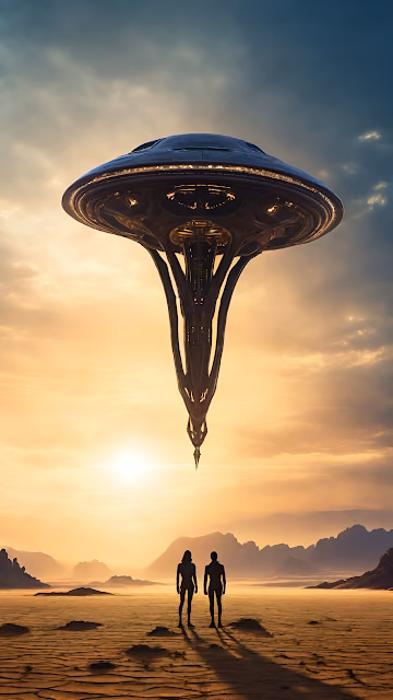 Alien Arrival Futuristic Spaceship Desert Sunset - Free 4K & 8K Mobile Wallpaper