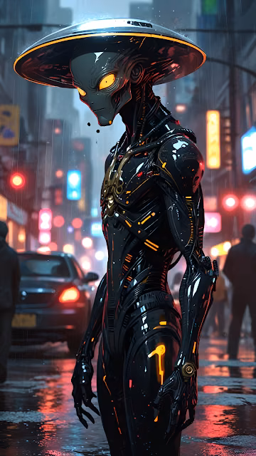Alien Cyborg with UFO Hat in Rainy Neon City - Free 4K & 8K Mobile Wallpaper