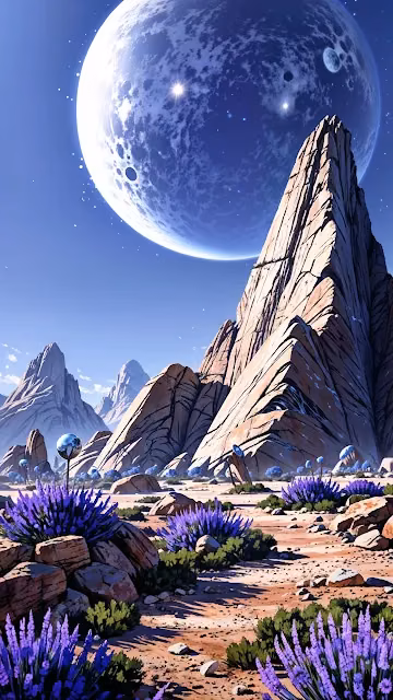 Alien Landscape with Purple Flowers and Giant Moon - Free 4K & 8K Mobile Wallpaper