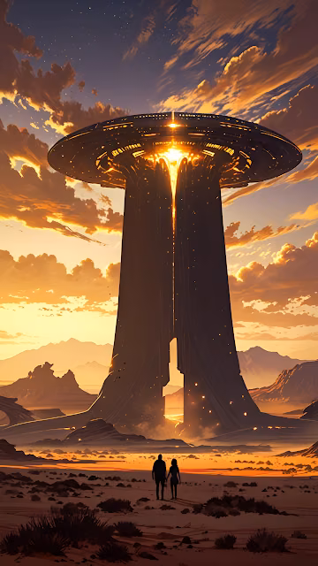 Alien Monolith Landing Site Sunset Desert Landscape Art - Free 4K & 8K Mobile Wallpaper