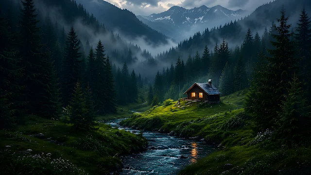 A solitary illuminated log cabin rests along a mountain river within a foggy pine forest. Illuminated wooden cabin on a grassy hill beside a flowing creek in a foggy pine tree valley with mountains.