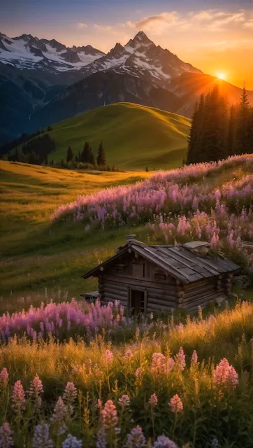 Alpine Cabin at Sunset Amidst Purple Wildflowers - Free 4K & 8K Mobile Wallpaper