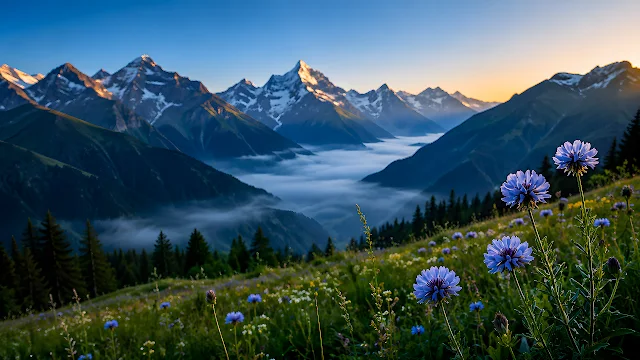 Purple wildflowers bloom on a mountain slope above morning valley fog and snow-capped peaks. Blue wildflowers on a grassy hillside overlooking a fog-covered alpine valley and rugged snow-capped mountains.