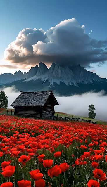 Alpine Meadow Poppies Cabin Dolomite Mountains Sunset - Free 4K & 8K Mobile Wallpaper
