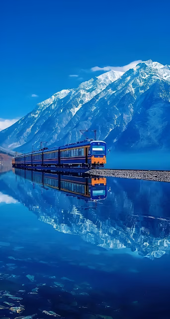 Alpine Train Journey Reflection on Deep Blue Lake - Free 4K & 8K Mobile Wallpaper