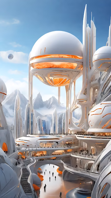 Alpine Utopia Futuristic City Architecture White Orange Glow - Free 4K & 8K Mobile Wallpaper