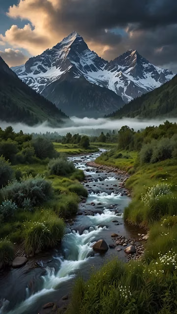 Alpine Valley River Flowing Past Snow-Capped Peaks - Free 4K & 8K Mobile Wallpaper