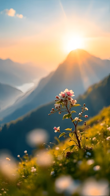 Alpine Wildflower Blooming at Sunrise Over Misty Mountain Peaks - Free 4K & 8K Mobile Wallpaper