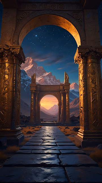 Ancient Archway Leading to Mountain Sunset - Free 4K & 8K Mobile Wallpaper
