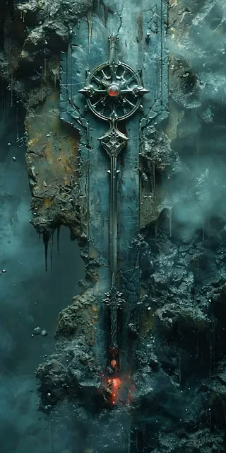 Ancient Fantasy Sword Embedded Stone Dark Relic Art - Free 4K & 8K Mobile Wallpaper