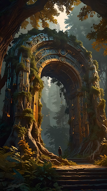 Ancient Forest Gateway Ruins Steampunk Fantasy Arch - Free 4K & 8K Mobile Wallpaper