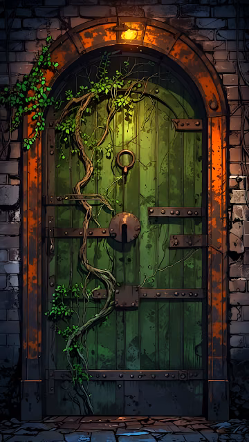 Ancient green door with vines and iron hardware in stone arch - Free 4K & 8K Mobile Wallpaper