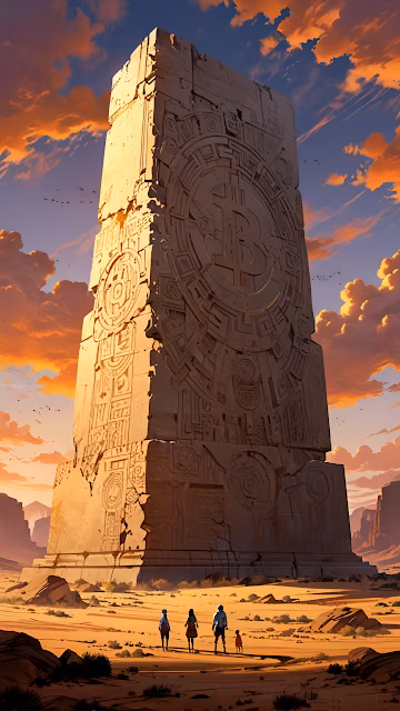 Ancient Monolith with Bitcoin Symbol in Desert Sunset - Free 4K & 8K Mobile Wallpaper