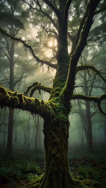 Ancient Moss-Covered Tree in Misty Sunlit Forest - Free 4K & 8K Mobile Wallpaper